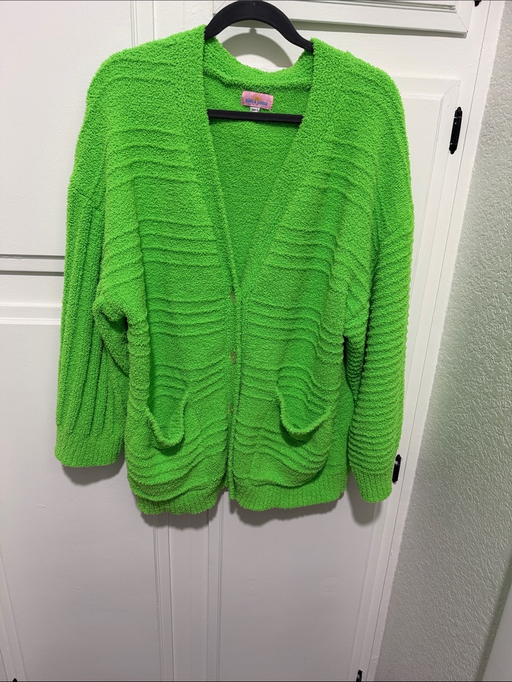 Playa Yama Cozy Plush Open-Front Sweater Cardigan - Neon Green XL